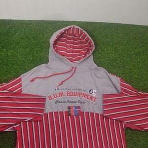 VINTAGE 90s HOODIE BUM EQUIPMENT RED BLACK STRIPED OVERSIZE BAGGY VTG LARGE